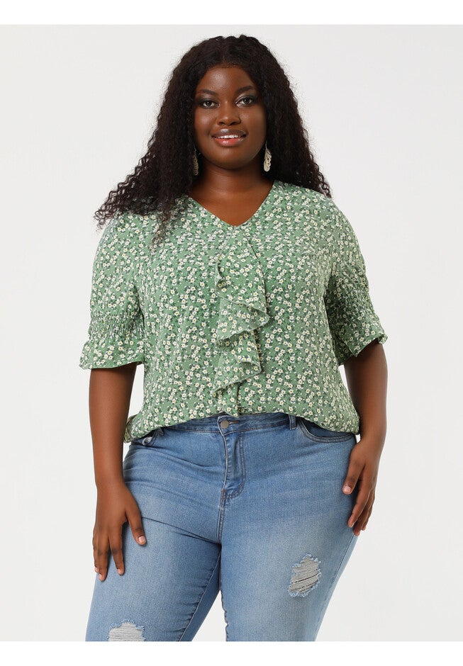 Ruffle Blouse V Neck Smocked Sleeves Top, White Green / Light Green, alternate image number 1