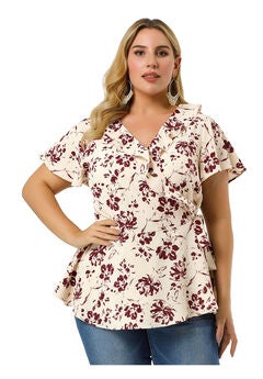 Wrap V Neck Tie Waist Ruffle Sleeve Blouse Summer Floral Top