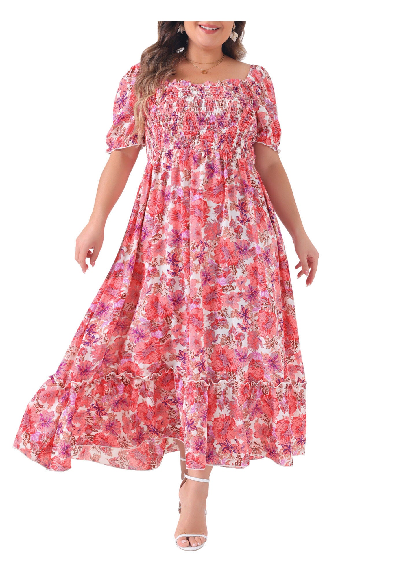 Short Sleeve Shirred Square Neck Floral Maxi Dress, Hot Pink / Deep Fuchsia, alternate image number 2