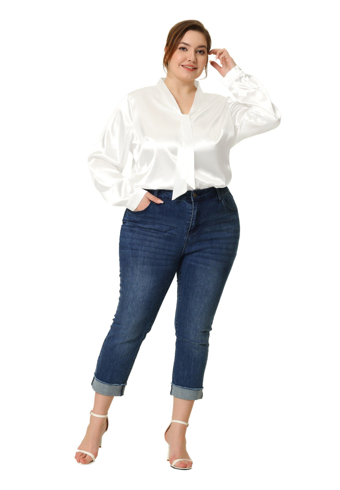 Tie Neck Satin Top Blouse, White / White, hi-res image number 0