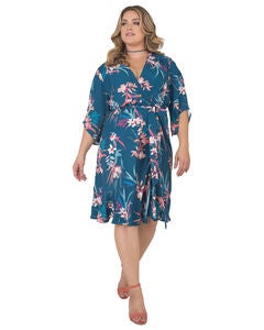 Plus Size Serena Kimono Sleeve Ruffled Knee Length Wrap Dress