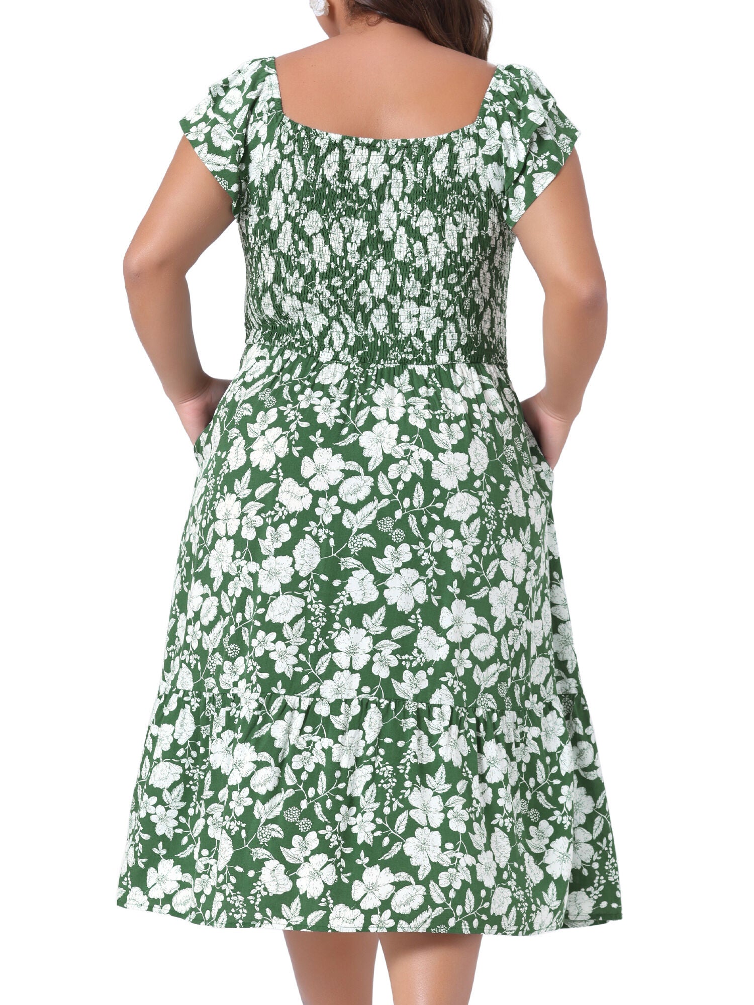 Square Neck Flutter Sleeve Smocked High Waist Flowy Summer Midi Dress, Green / Forest Green, alternate image number 3