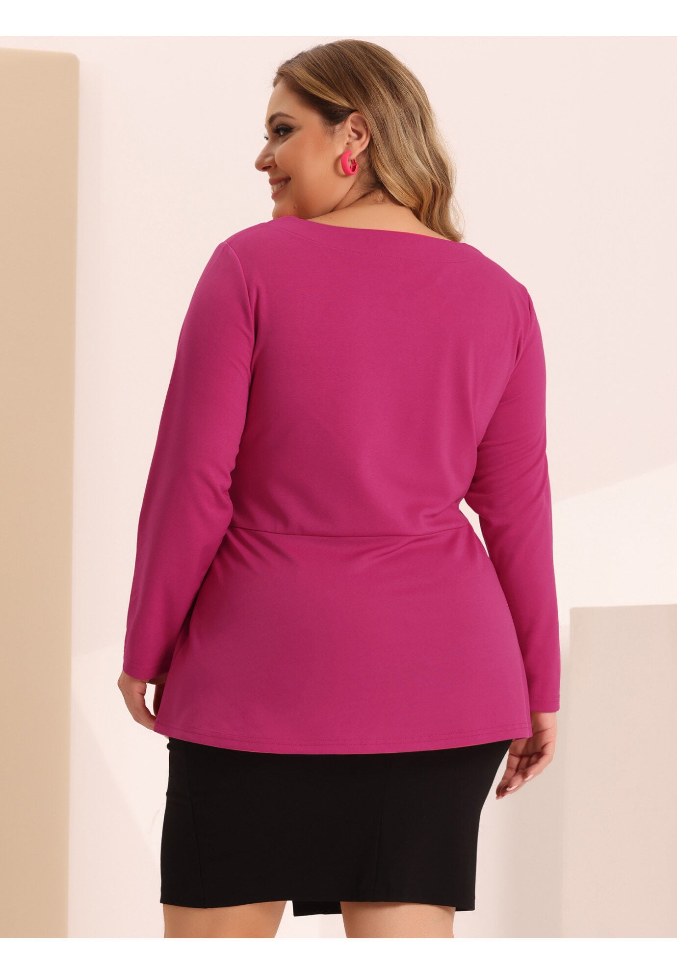 V Neck Knit Belted Knot Tie Work Top Blouse, Hot Pink / Deep Fuchsia, alternate image number 3