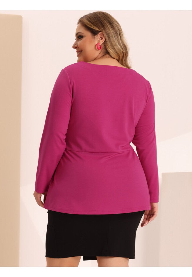 V Neck Knit Belted Knot Tie Work Top Blouse, Hot Pink / Deep Fuchsia, alternate image number 3