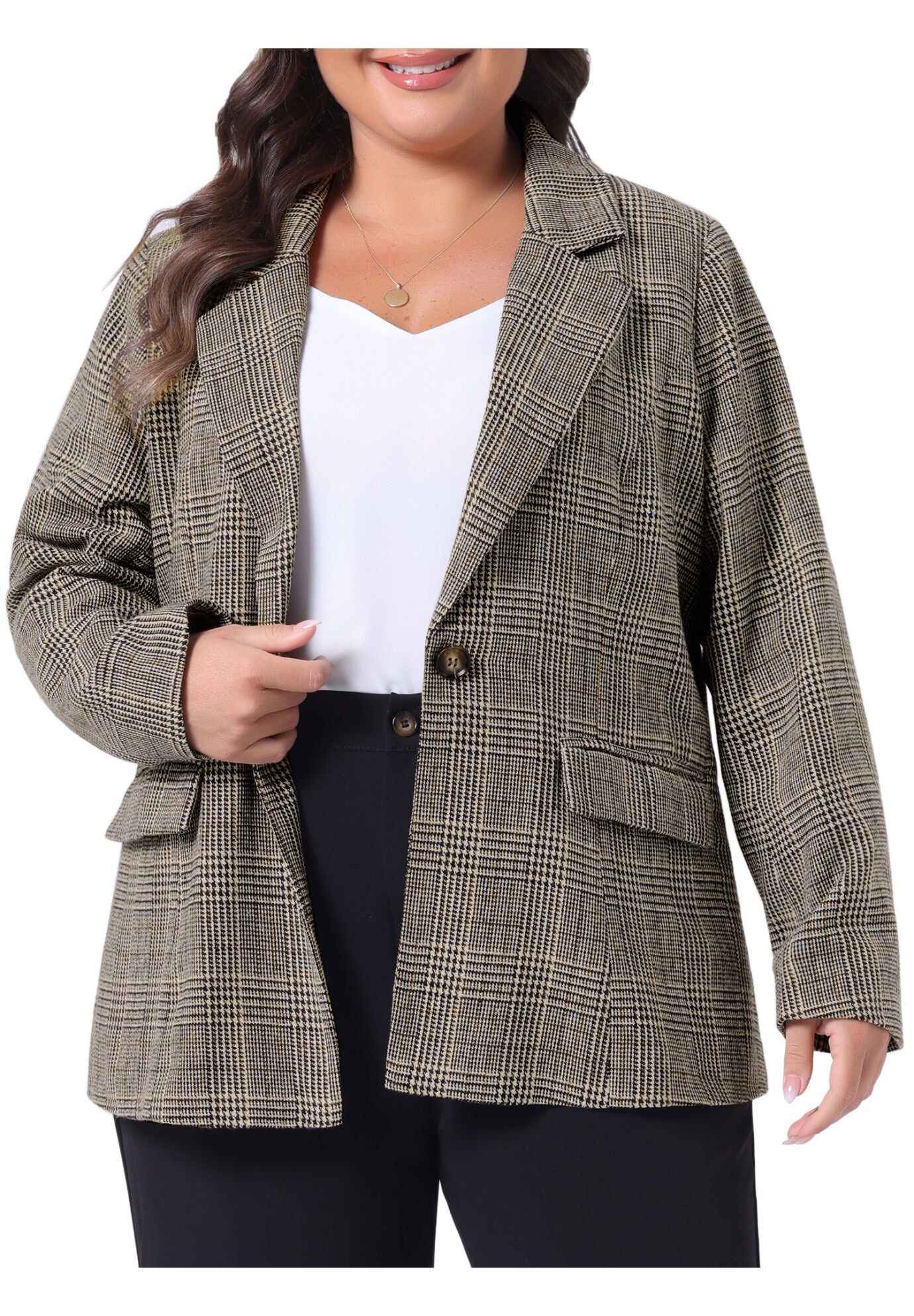 PLAID NOTCHED LAPEL CASUAL BLAZER, Black Brown / Black, alternate image number 2