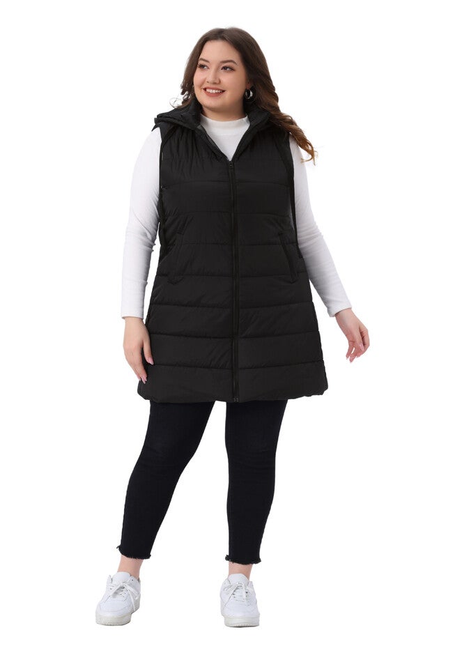 Long Puffer Hooded Quilted Vest with Pockets, Black / Black, hi-res image number 0