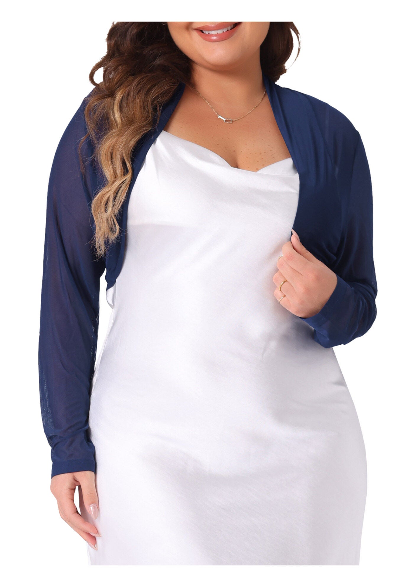 LONG SLEEVE SHEER BOLERO SHRUG MESH CROP CARDIGAN, Navy Blue / Navy, alternate image number 1