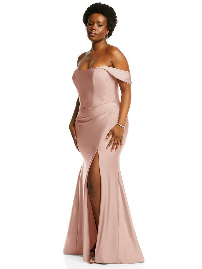 Off-the-Shoulder Corset Stretch Satin Mermaid Dress with Slight Train, Toasted Sugar / Mauve, alternate image number null