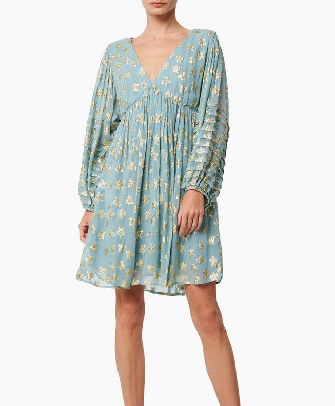 SALLIE METALLIC STAR PRINT LONG SLEEVE MINIDRESS IN DUSTY BLUE | Dia & Co SALLIE METALLIC STAR PRINT LONG SLEEVE MINIDRESS IN DUSTY BLUE | Dia & Co