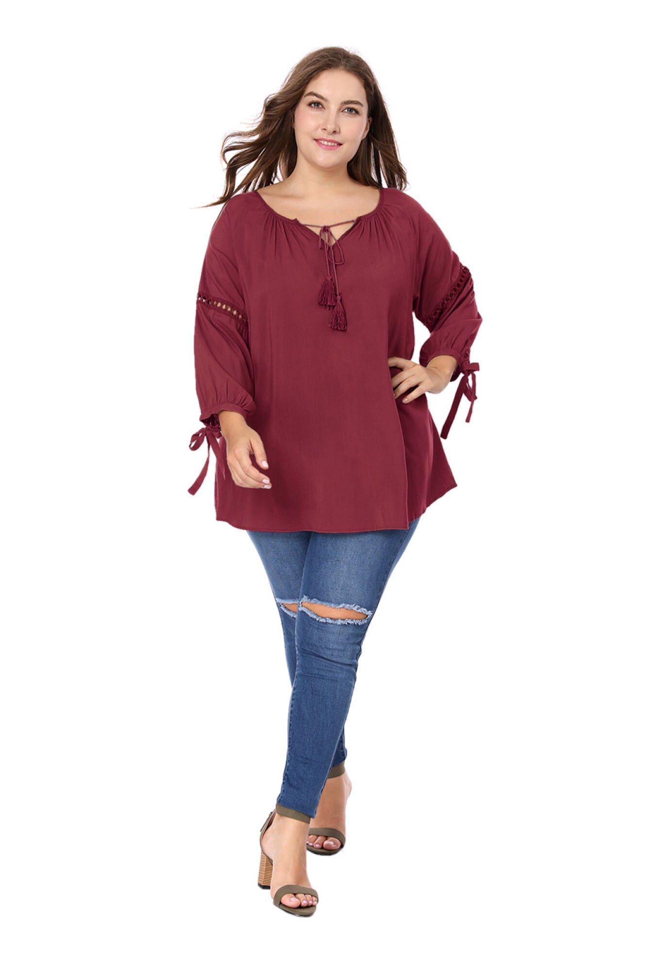 RAGLAN SLEEVES HOLLOW OUT TIE NECK PEASANT TOP, Burgundy / Red, hi-res image number 0