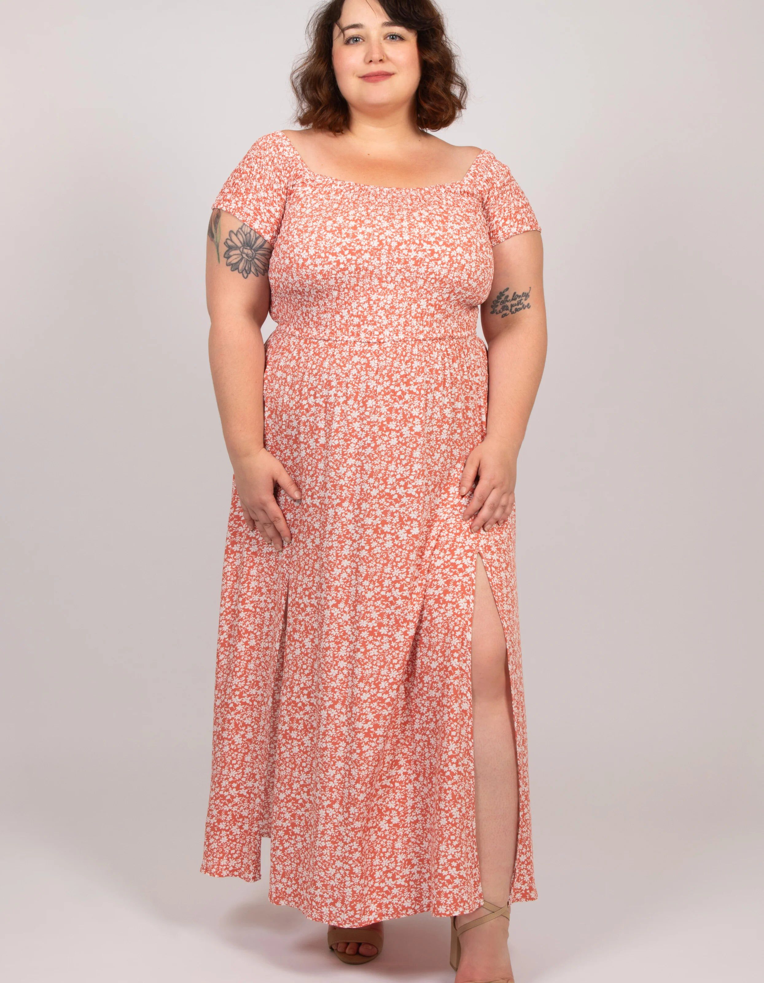 Daphne Midi Dress On-Off Shoulders Side Slit Floral, Coral / Coral, hi-res image number 0