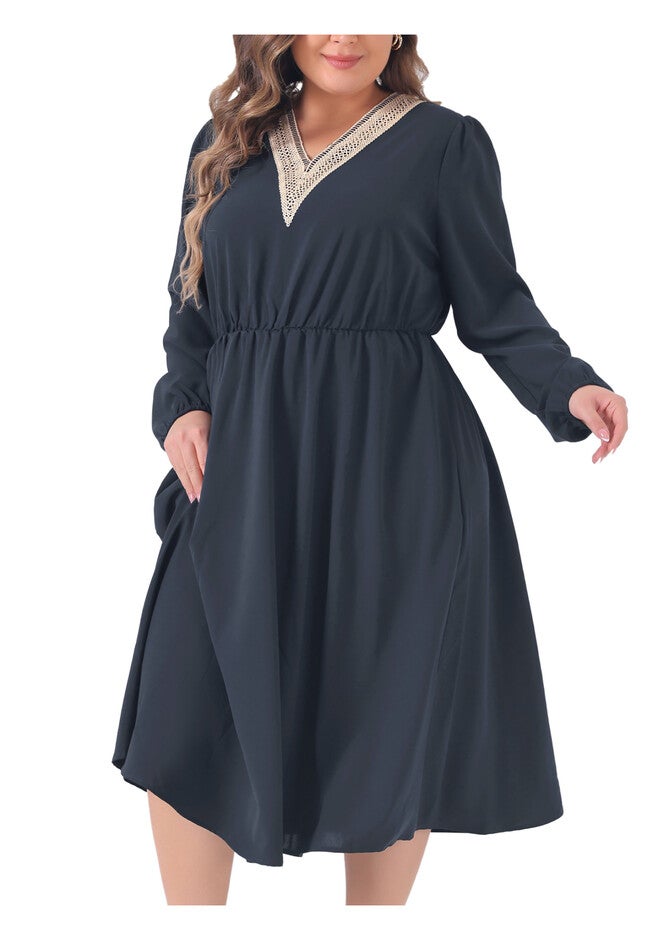 Lace Trim V Neck Long Sleeve Stretchy Casual Midi Dress, Dark Blue / Navy, alternate image number 1