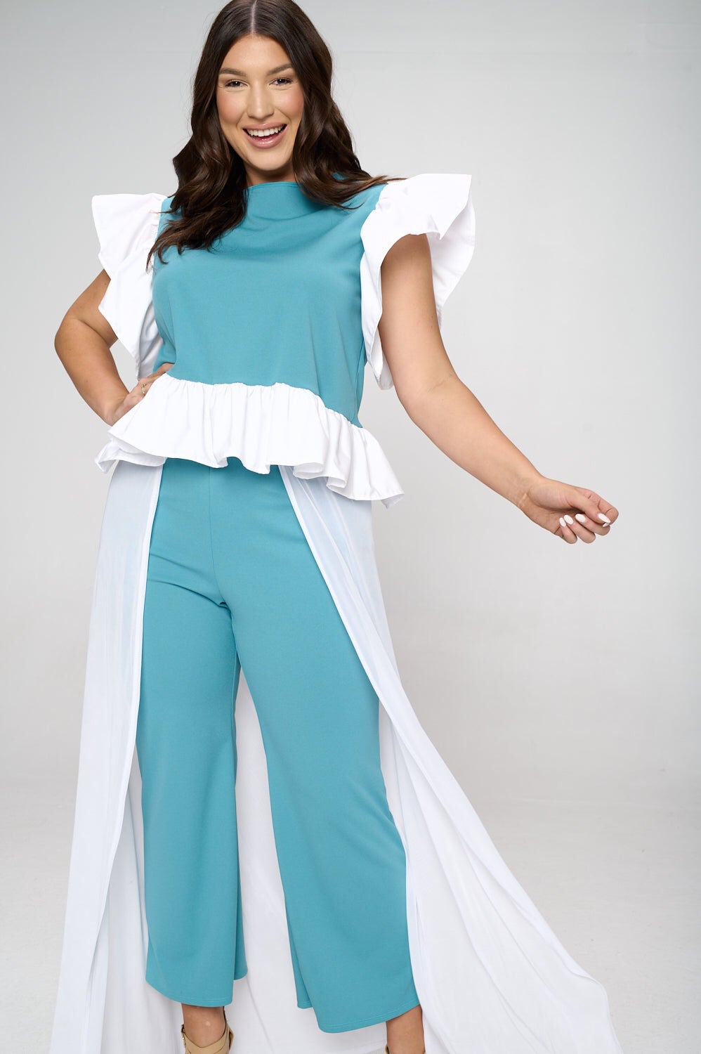 RUFFLED BABYDOLL PEPLUM TOP, Seafoam and White / Light Blue, alternate image number 1