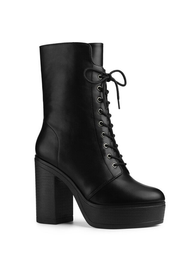 Platform Lace Up Chunky Heels Combat Boots, Black / Black, hi-res image number null