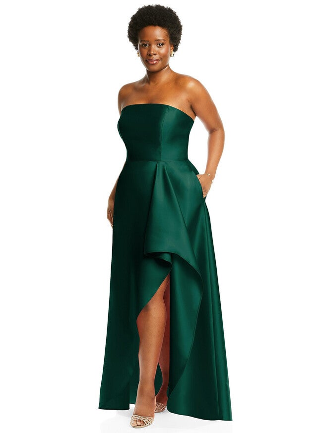 Strapless Satin Gown with Draped Front Slit and Pockets, , alternate image number 5