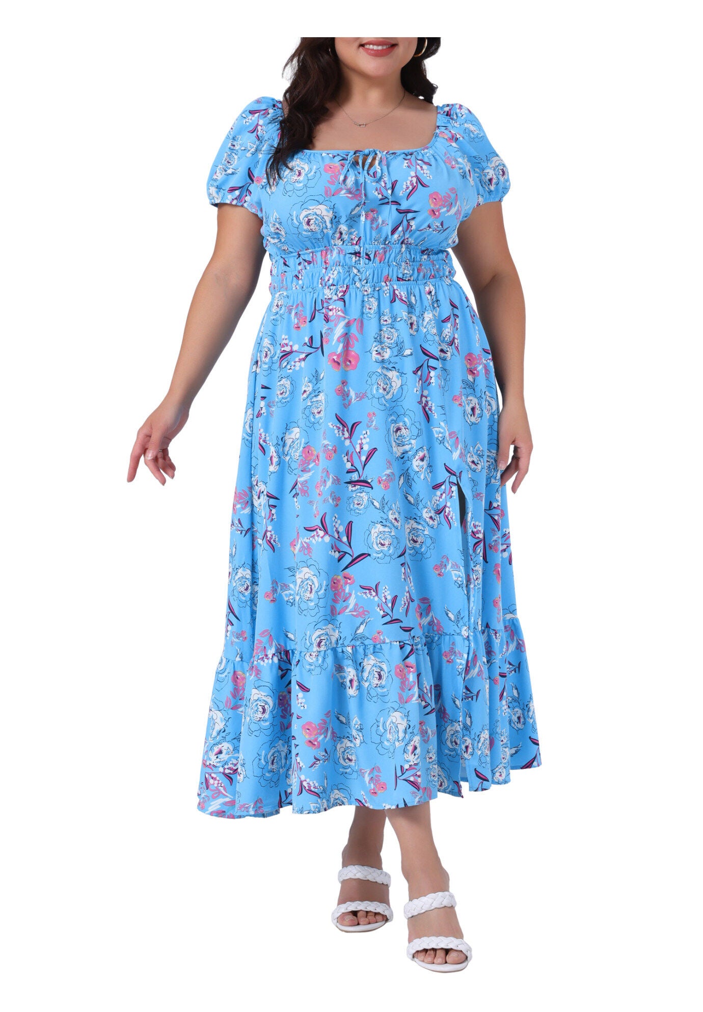 Square Neck Floral Short Sleeve Side Slit A Line Maxi Floral Dress, Blue / Light Blue, alternate image number 2