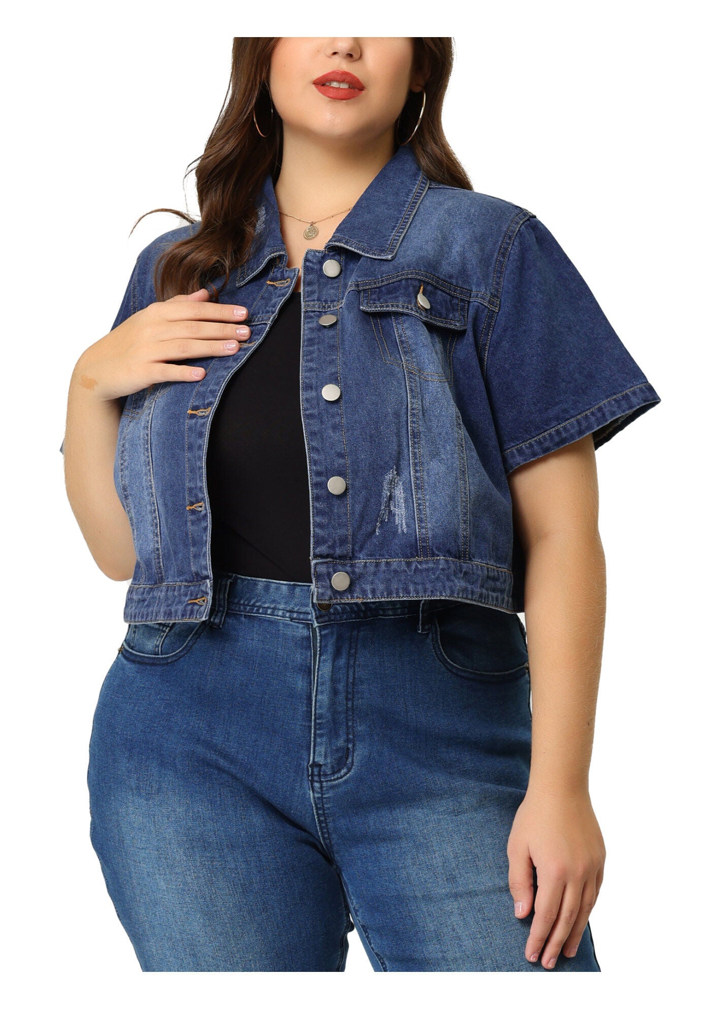 SHORT SLEEVE BUTTON DOWN CROPPED DENIM JACKET, Blue / Royal Blue, alternate image number 2