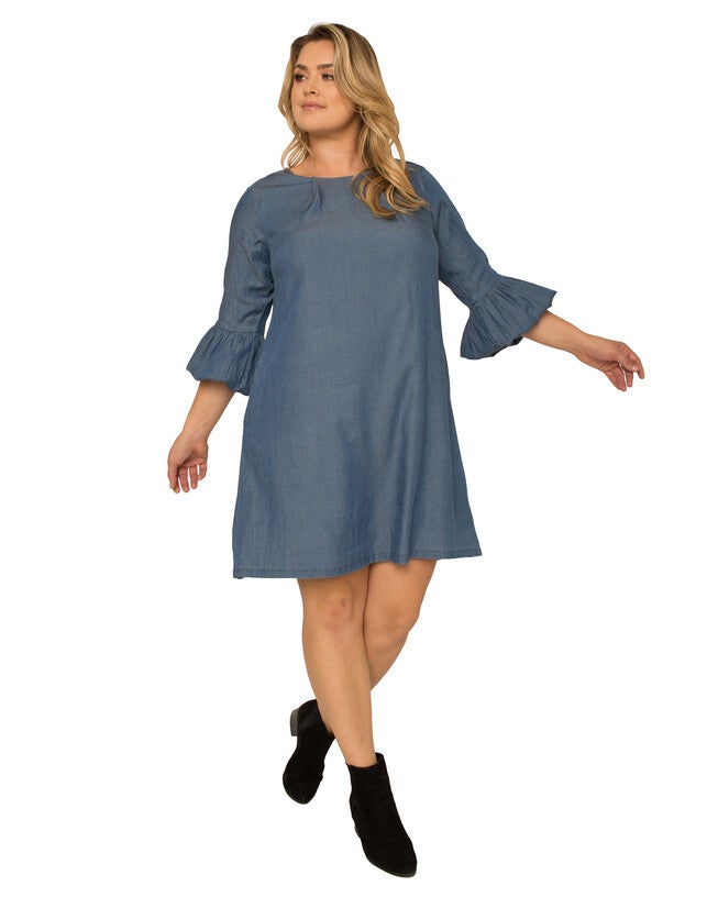 Plus Size Women's Tencel 3/4 Balloon Sleeves Medium Blue Midi Shift Dress, 3214 Medium Blue / Navy, hi-res image number 0