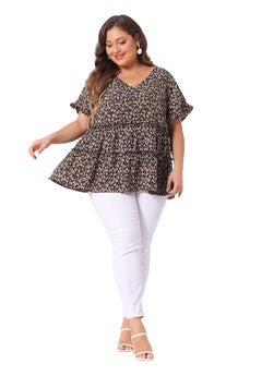 Floral Print V Neck Ruffles Sleeve Tiered Babydoll Blouse
