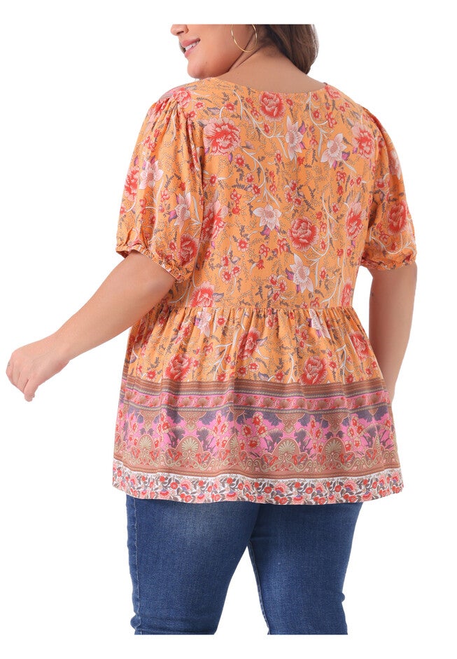 Boho Floral Print V Neck Peplum Loose Blouse, Orange / Orange, alternate image number 3