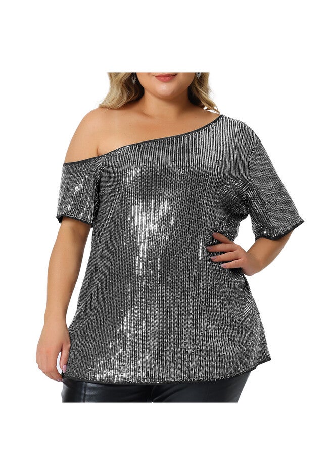 ONE SHOULDER SHORT SLEEVE METALLIC SEQUIN TOP, Silver / Silver, alternate image number 2