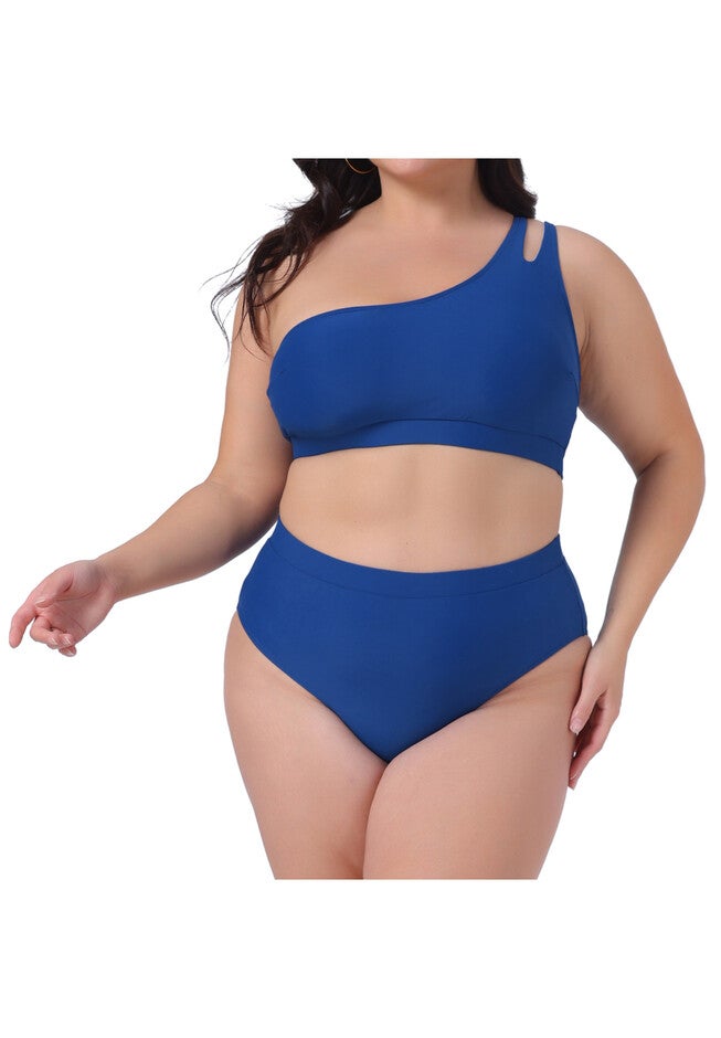 High Waisted Bikini Two Piece One Shoulder Keyhole Swimsuit, Navy Blue / Navy, alternate image number null