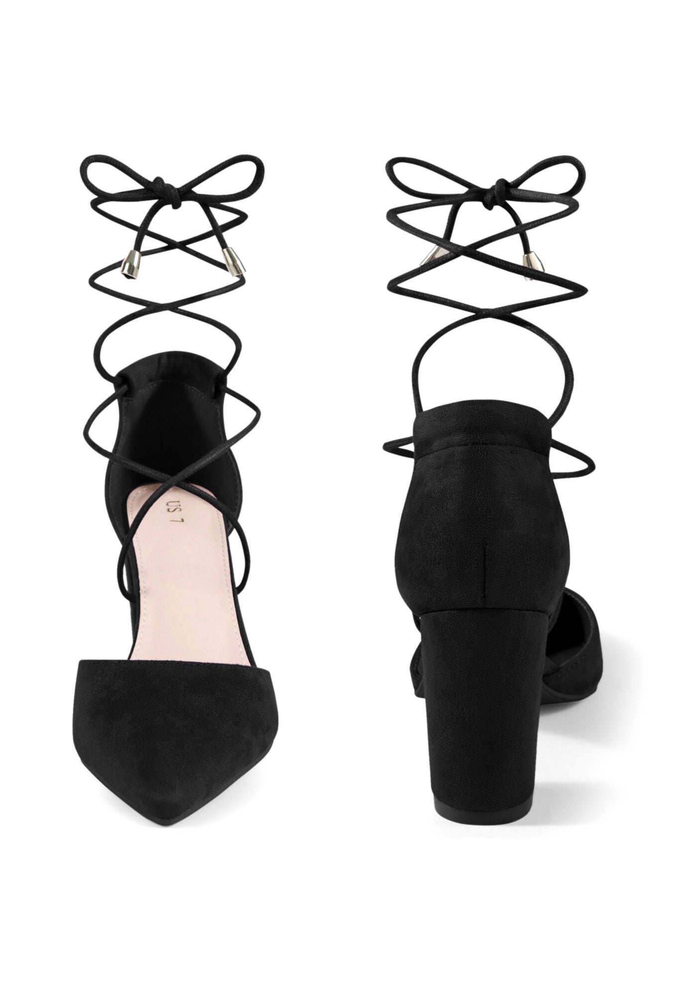 Pointy Toe Lace Up Chunky Heeled Sandal Pumps, Black / Black, alternate image number 1