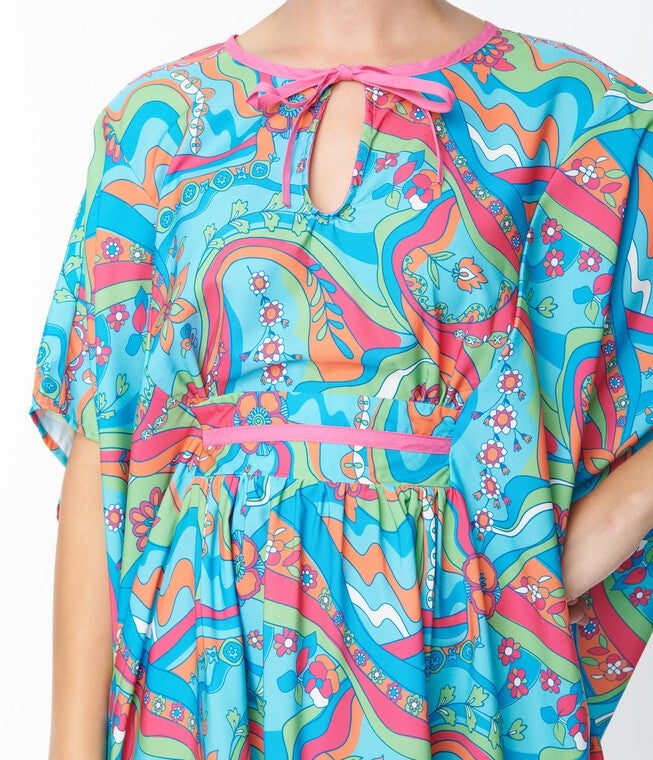 Smak Parlor Psychedelic Daisy River Print Mini Caftan, Blue Green Floral / Azure Blue, alternate image number null