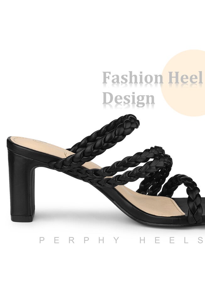 Braided Heeled Square Toe Chunky Heels Slide Sandals, Black / Black, alternate image number null