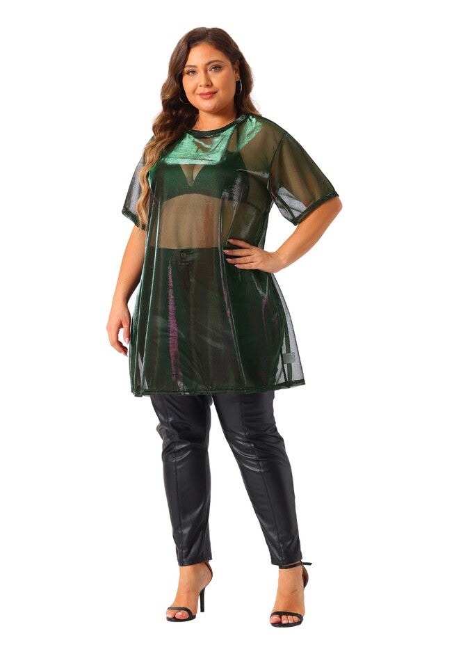 Sheer Mesh Top See Through Holographic Long Tee, Purple Green / Purple, hi-res image number 0