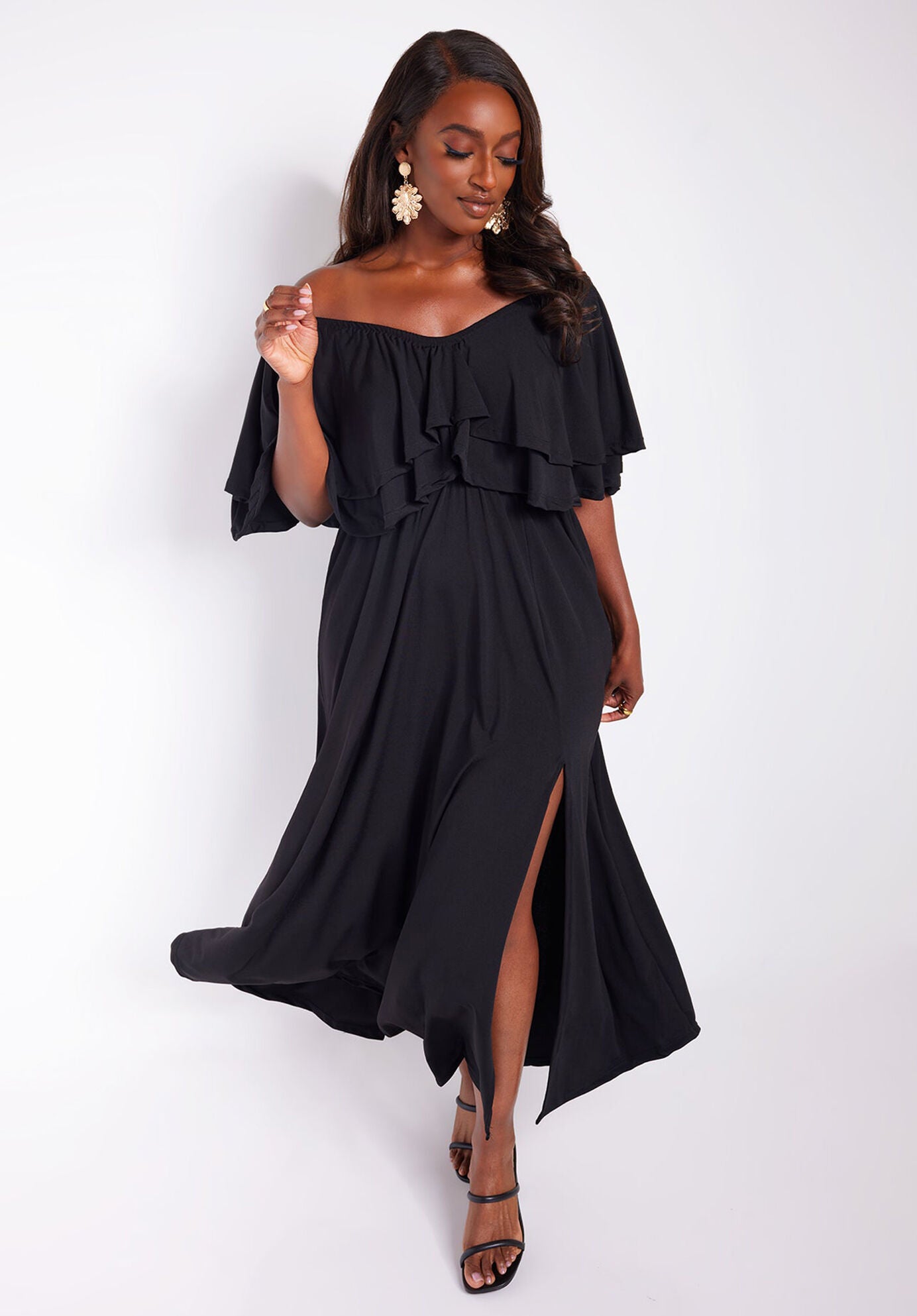 Taryn Ruffled Thigh Slit Maxi Skater Dress, Black / Black, alternate image number 1