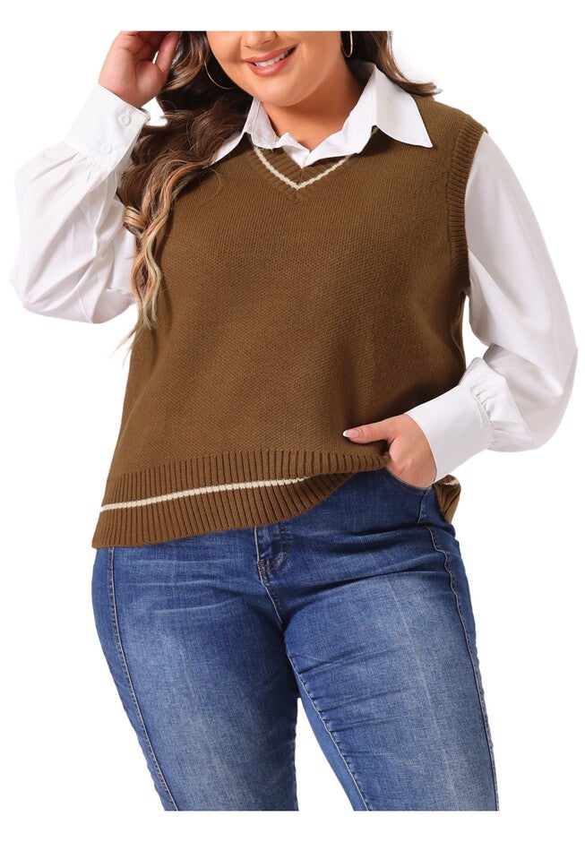 V Neck Stripe Cable Knit Pullover Sweater Vest, Brown / Brown, alternate image number 2