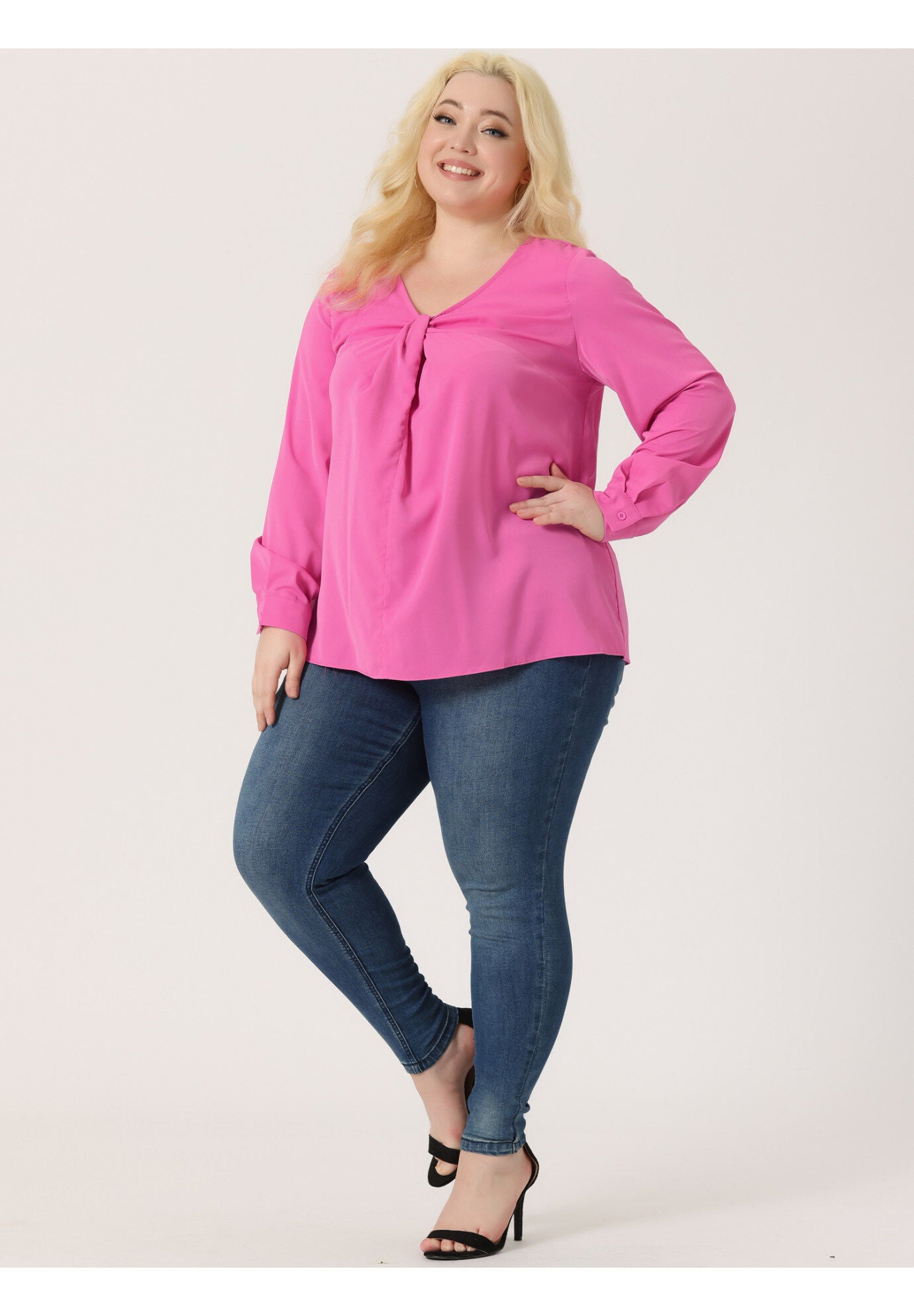 V NECK LONG SLEEVE TWIST KNOT TOP, Hot Pink / Pink, hi-res image number 0