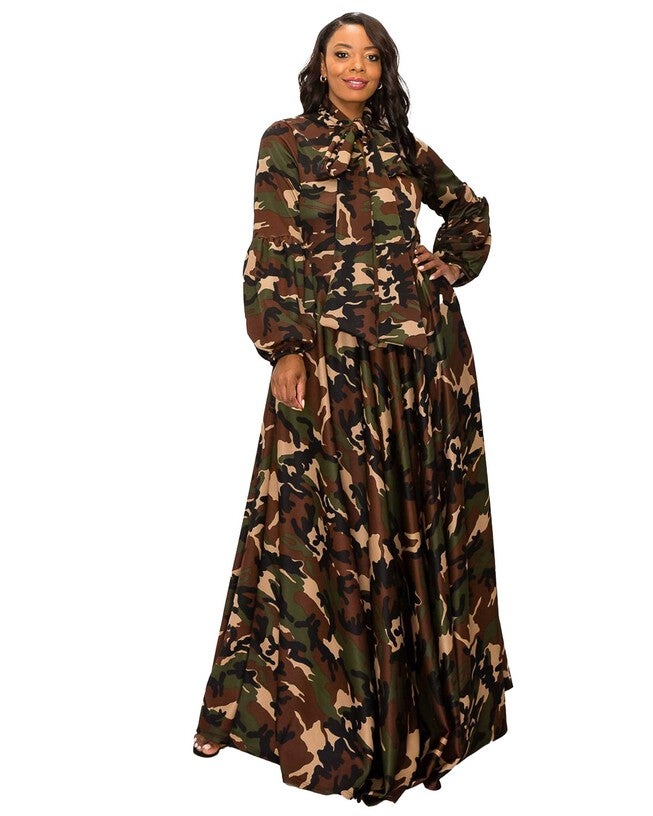 CAMO BELLA DONNA DRESS WITH RIBBON AND PUFFED OUT SLEEVES, Camo / Brown, hi-res image number 0