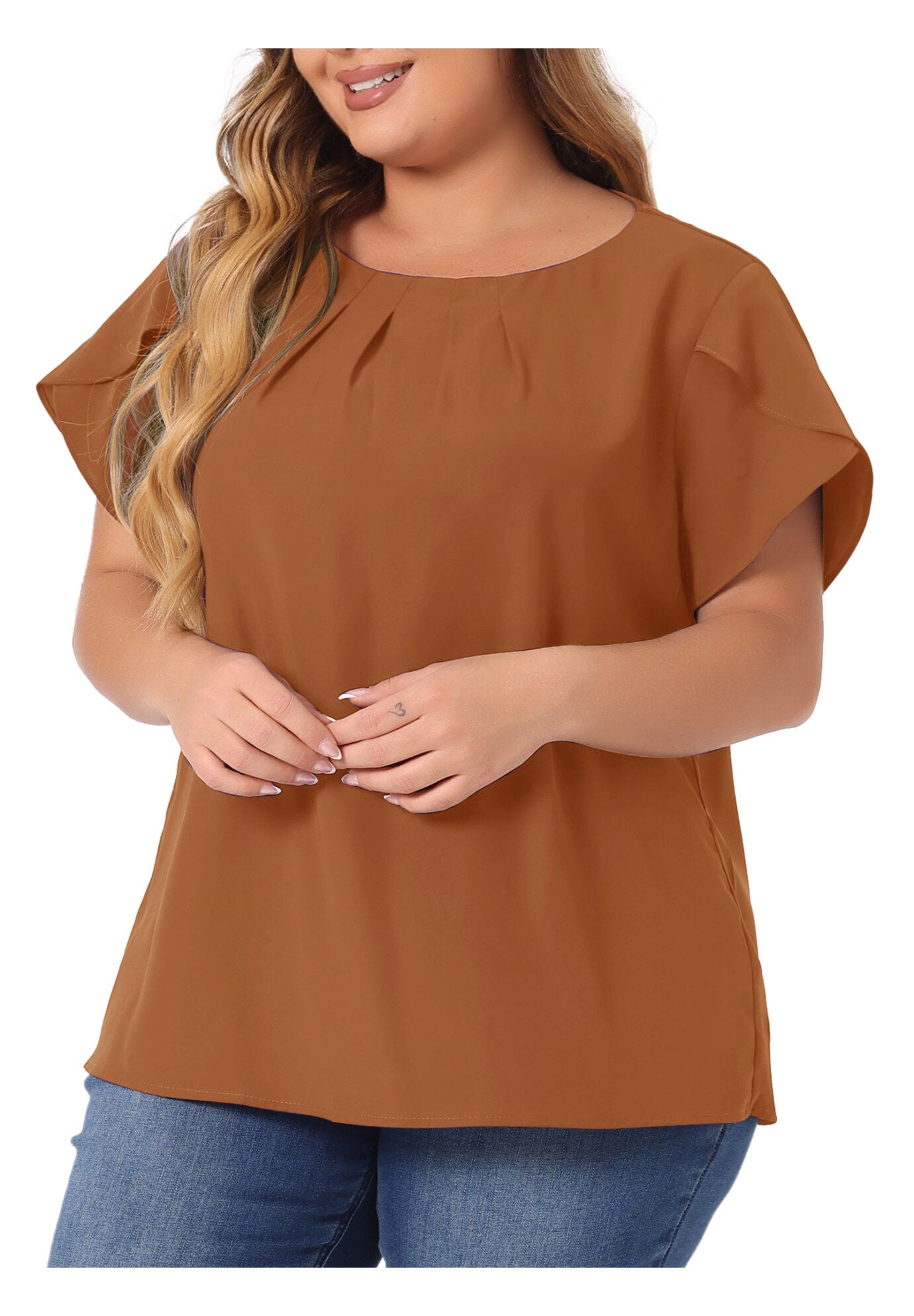 Round Neck Pleated Top Tulip Sleeves Blouse Top, Brown / Brown, alternate image number 1