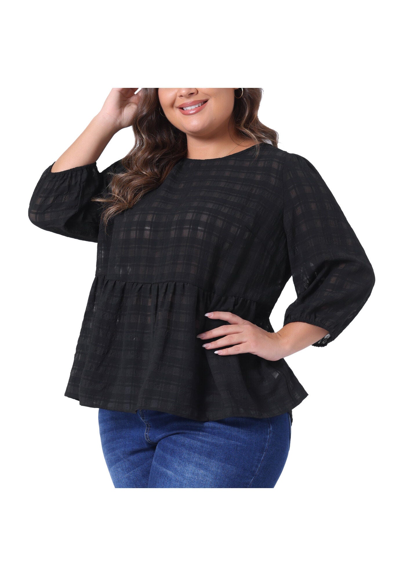 Babydoll Blouse Round Neck 3/4 Puff Sleeve Tiered Peplum Top, Black / Black, alternate image number 1