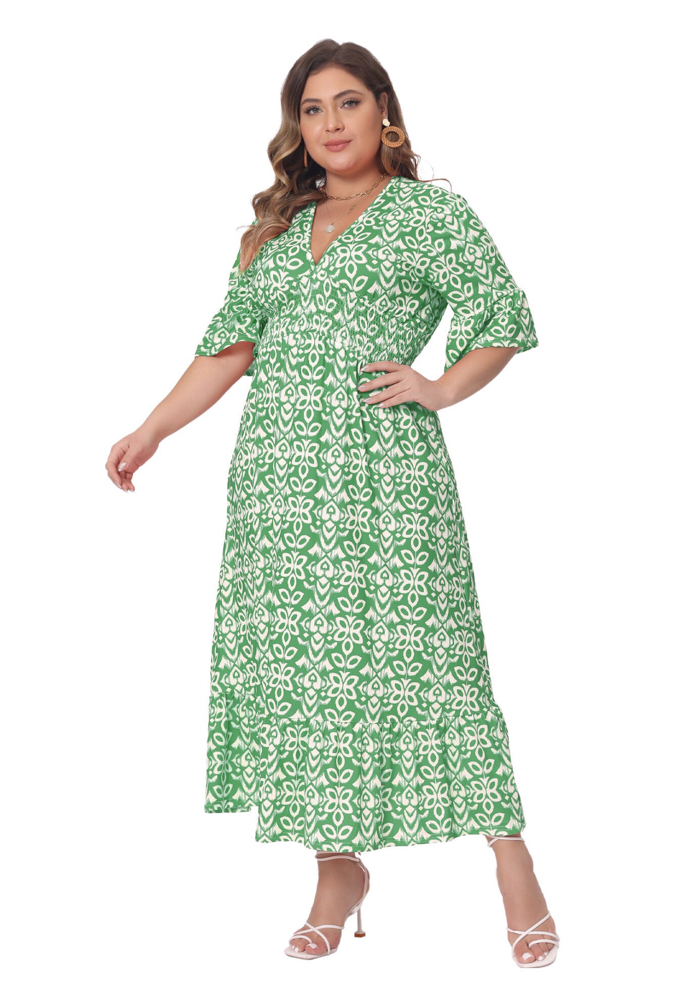 Bell Sleeve Ruffled Hem V Neck Short Sleeve Boho A Line Long Dress, Green / Light Green, hi-res image number 0