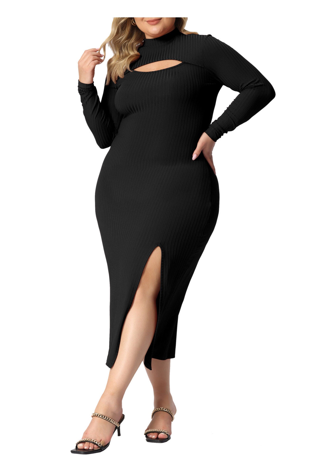 Round Neck Cut Out Front Knee Bodycon Dress, Black / Black, alternate image number 2