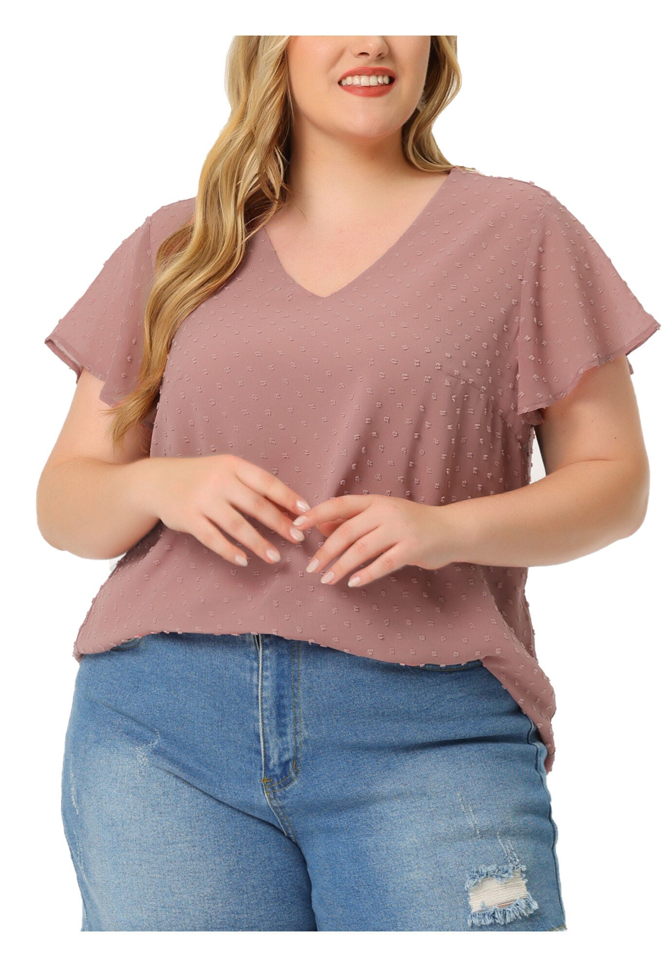 Swiss Dots Blouse V Neck Summer Short Sleeve Casual Top, Pink / Pink, alternate image number 2