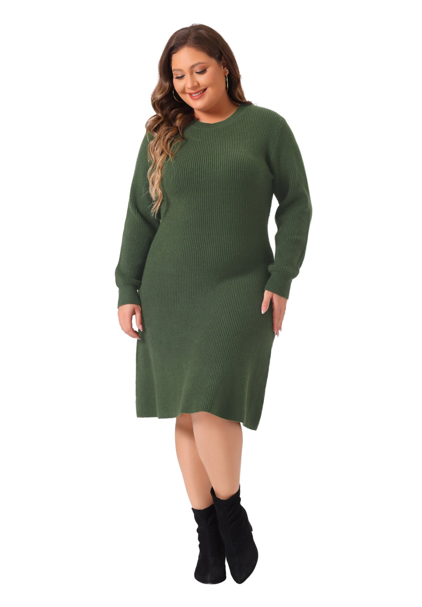 Crew Neck Long Sleeve Knit Pullover Sweater Dress, Army Green / Olive Green, hi-res image number 0