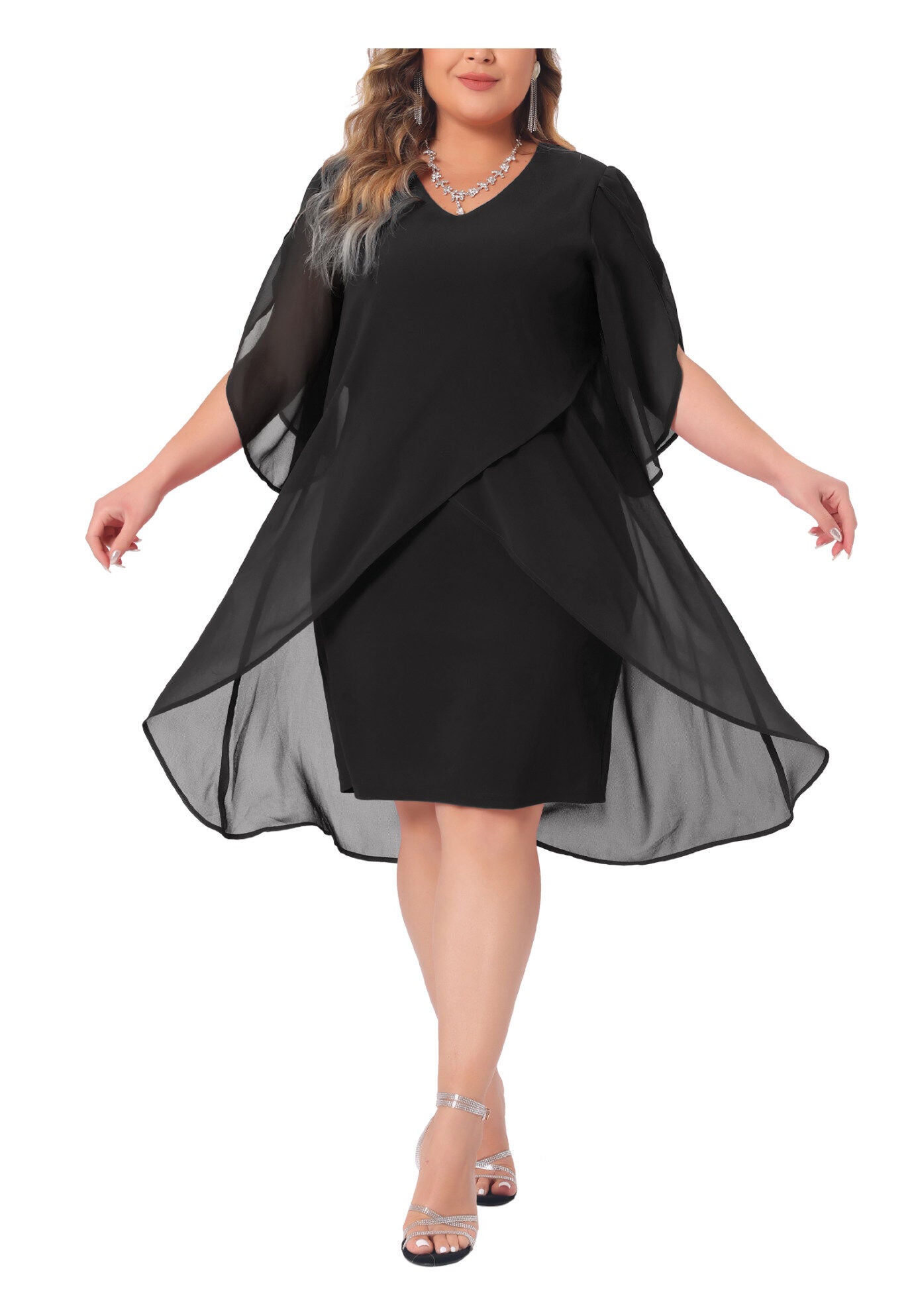 Mesh Wedding Guest Party Chiffon Cocktail Overlay Short Dress, Black / Black, alternate image number 1
