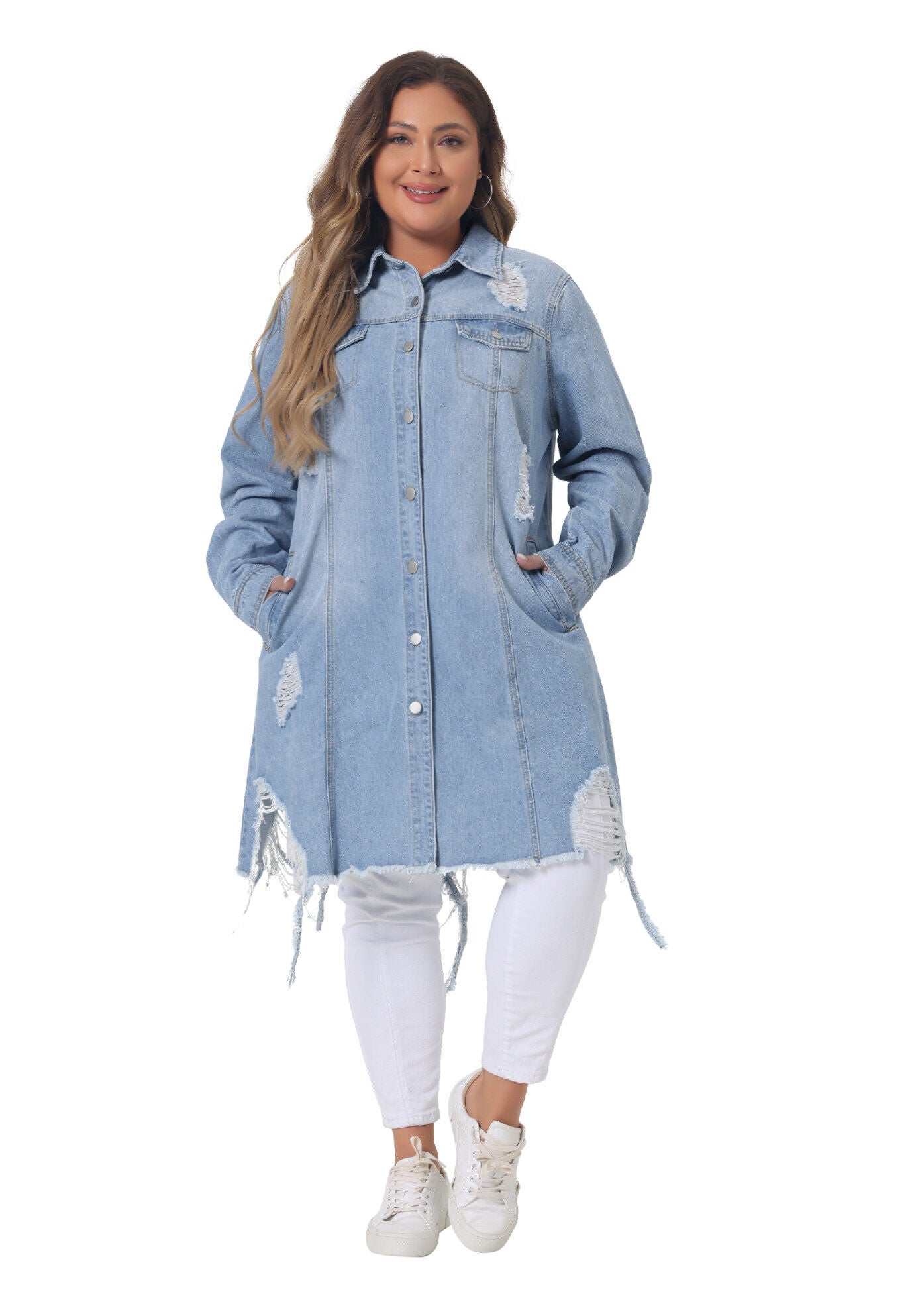 CLASSIC DISTRESSED FRAY HEM TRUCKER DENIM JACKET, Light Blue / Light Blue, hi-res image number 0