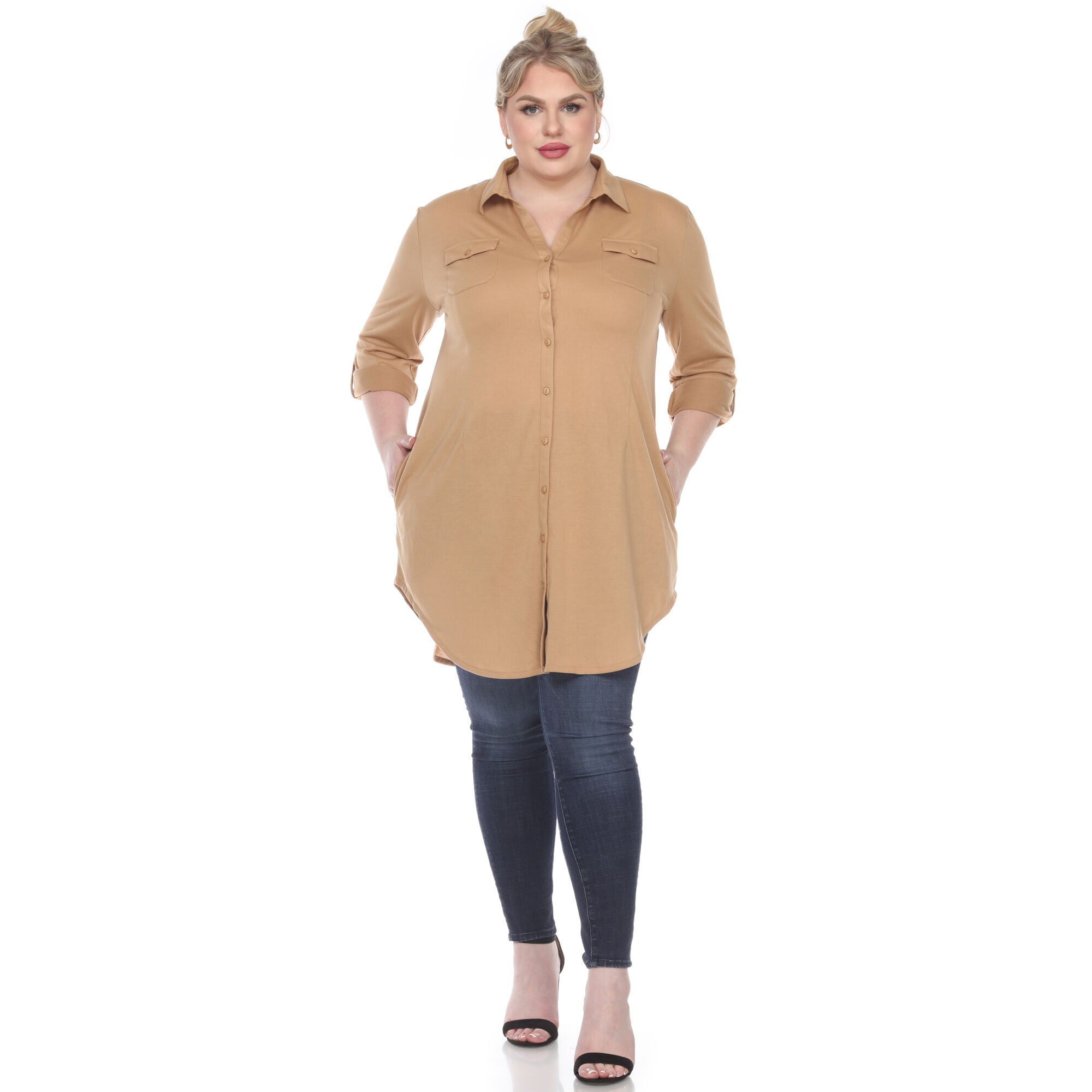 Stretchy Button Down Tunic Top, Camel / Brown, alternate image number 3