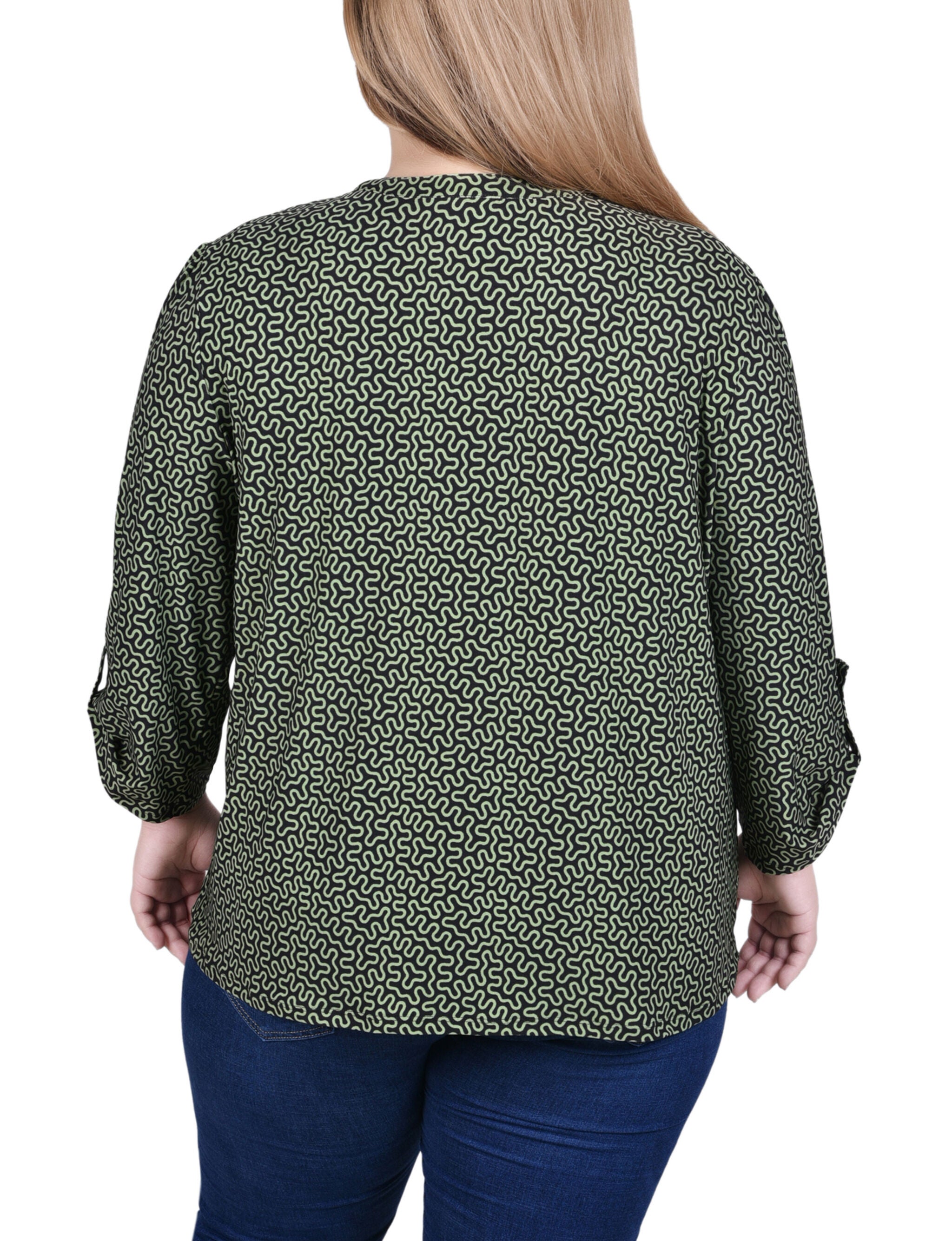 Long Sleeve Pintuck Front Top With Chain Details, Green Geo Shape, alternate image number 2