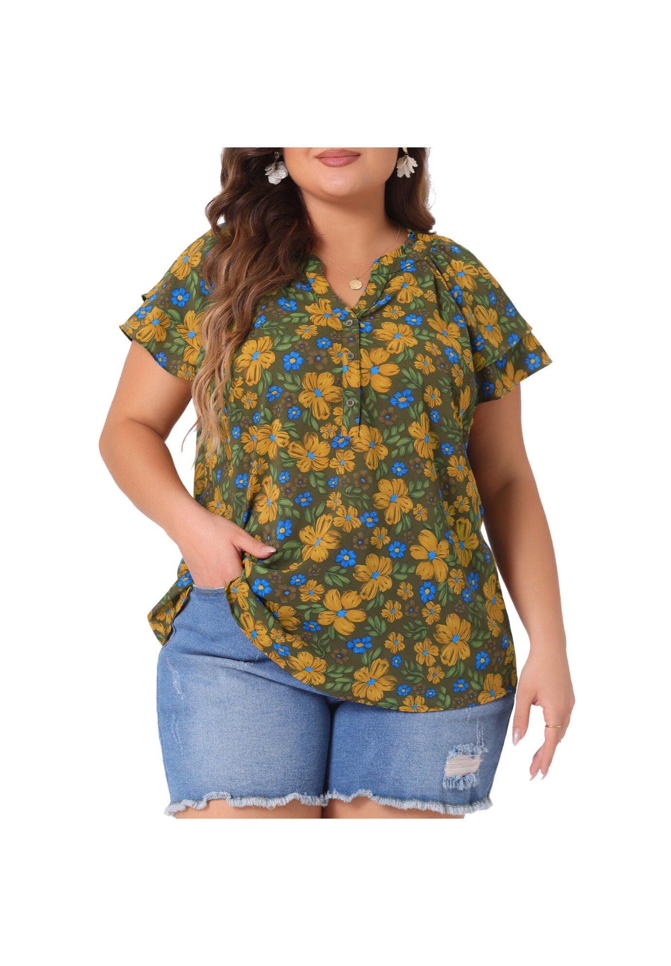 Floral Ruffle Trim V Neck Layered Sleeve Blouse, Army Green / Olive Green, alternate image number 1