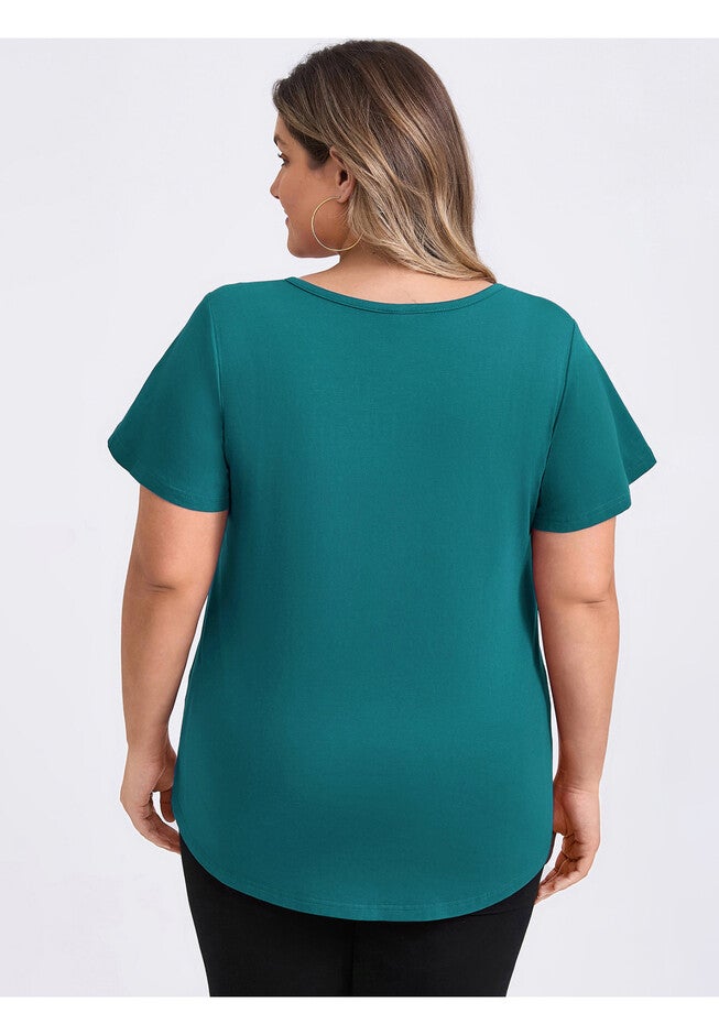 Front Pleated V Neck Flutter Sleeve Button Decor Blouse, Teal / Teal, alternate image number 2