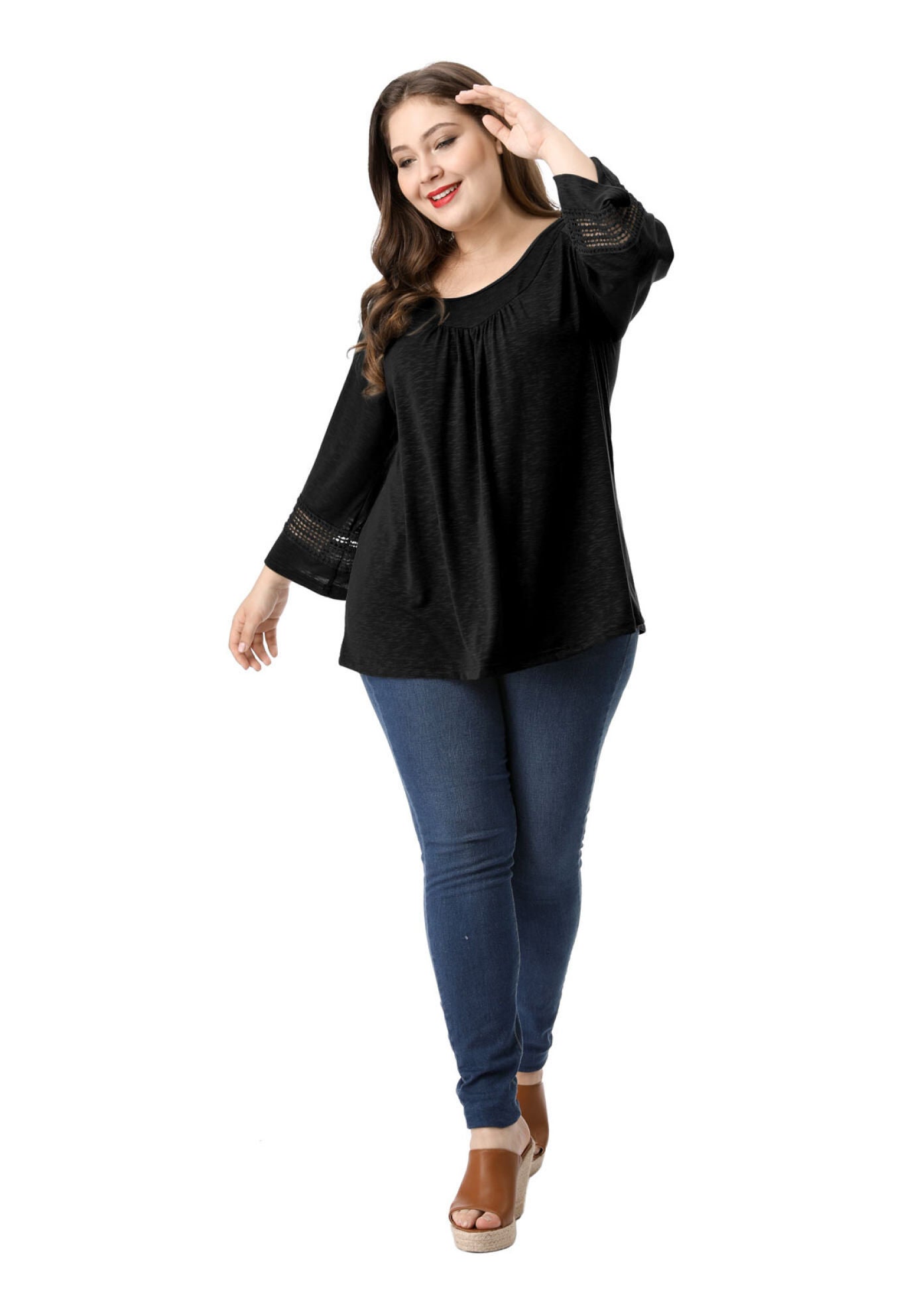 CROCHET PANEL HOLLOW OUT PLEATED TUNICS BLOUSE TOP, Black / Black, hi-res image number 0