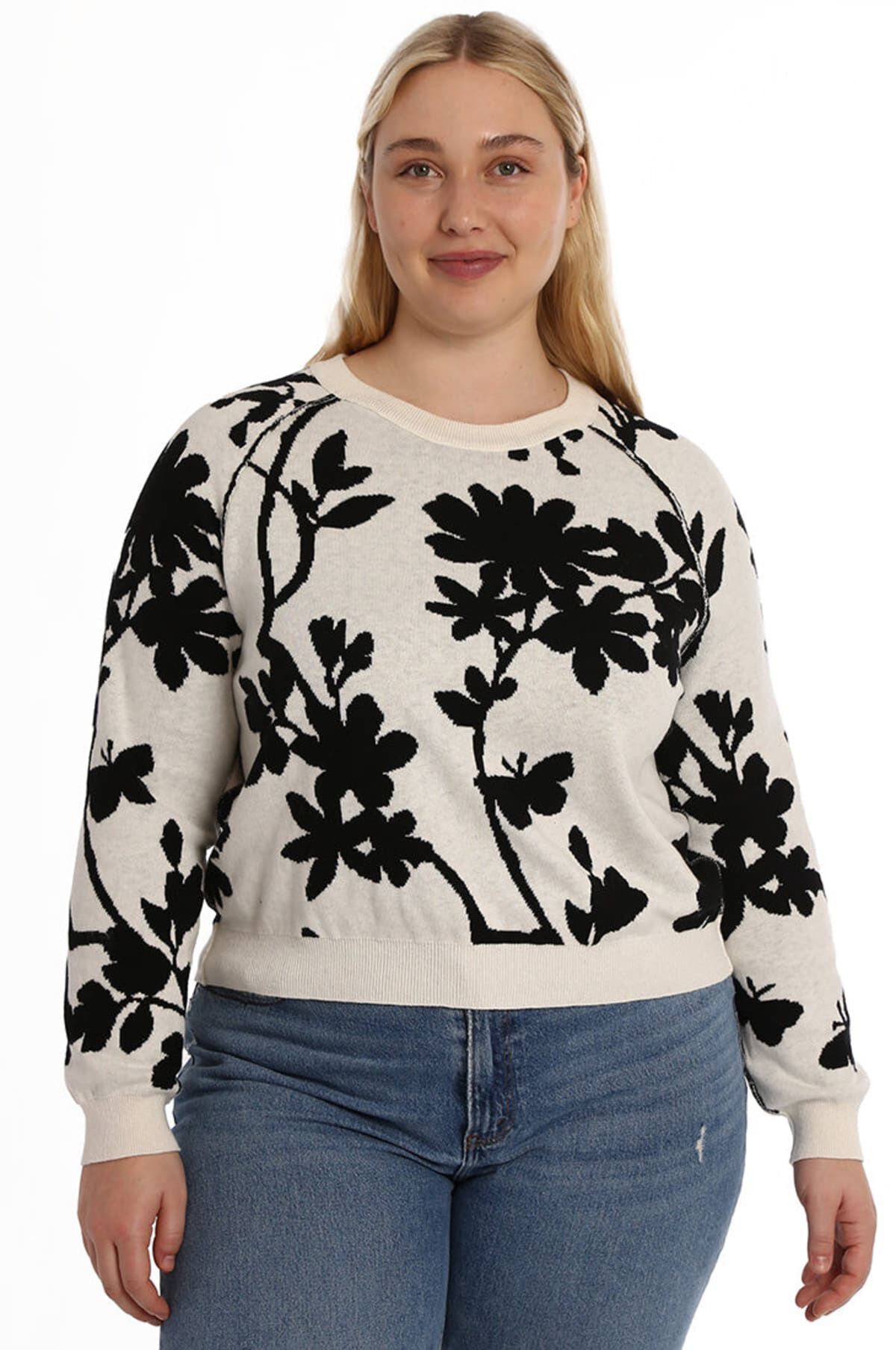 Cotton cashmere reversible floral crew neck, BlackStarch / Black, hi-res image number 0