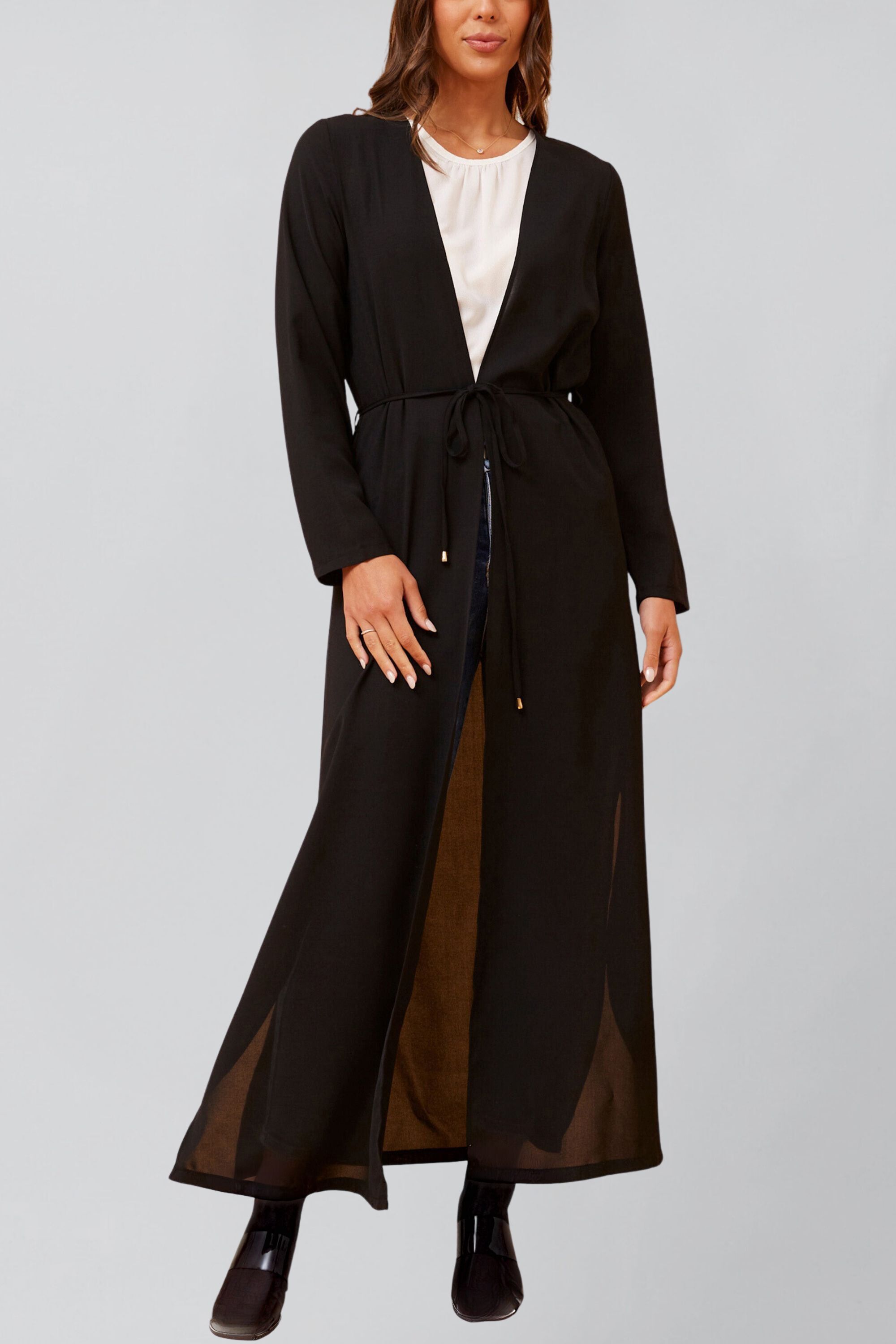 Fanny Long Woven Cover-Up Maxi Cardigan Open Tie Front, Black / Black, hi-res image number 0