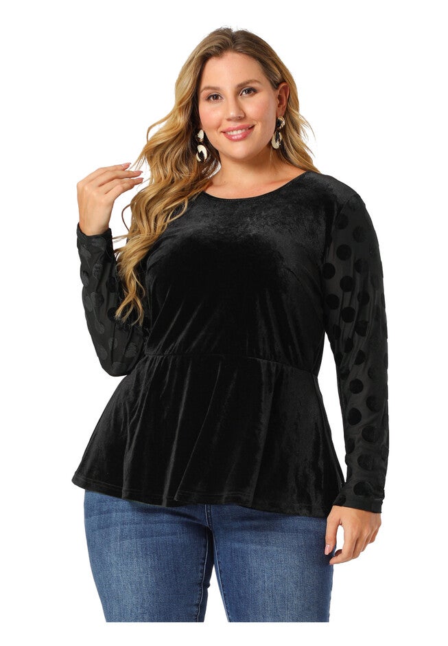POLKA DOTS SHEER SLEEVE VELVET PEPLUM TOP, Black / Black, alternate image number 2